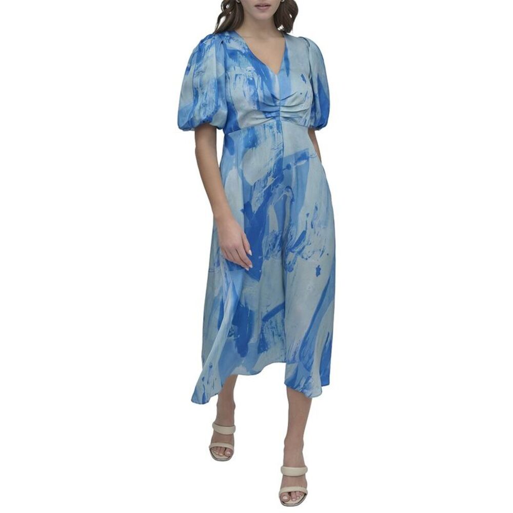 Dkny Womens  V-Neck Printed Scarf Twill Dress, Blue